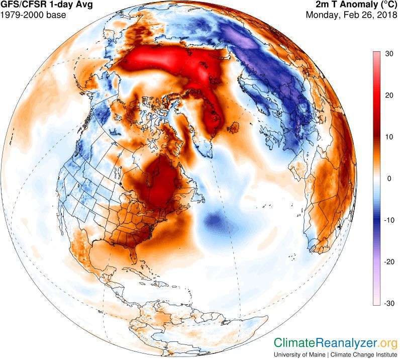 Temperature anomaly on 26th February 2018 (Credit: University of Maine, Climate Change Institute) 