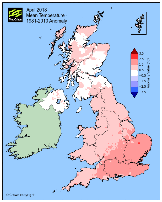 April 2018 Mean Temperature 1981 - 2010 anomaly (Source: Met Office)