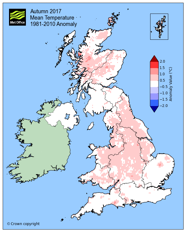 Autumn 2017 Mean Temperature 1981 - 2010 anomaly (source: Met Office)