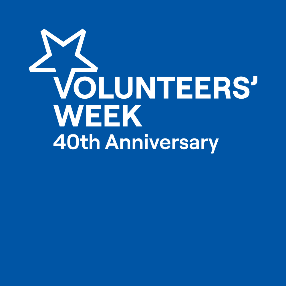 Blue background with white star and the words "Volunteers Week"