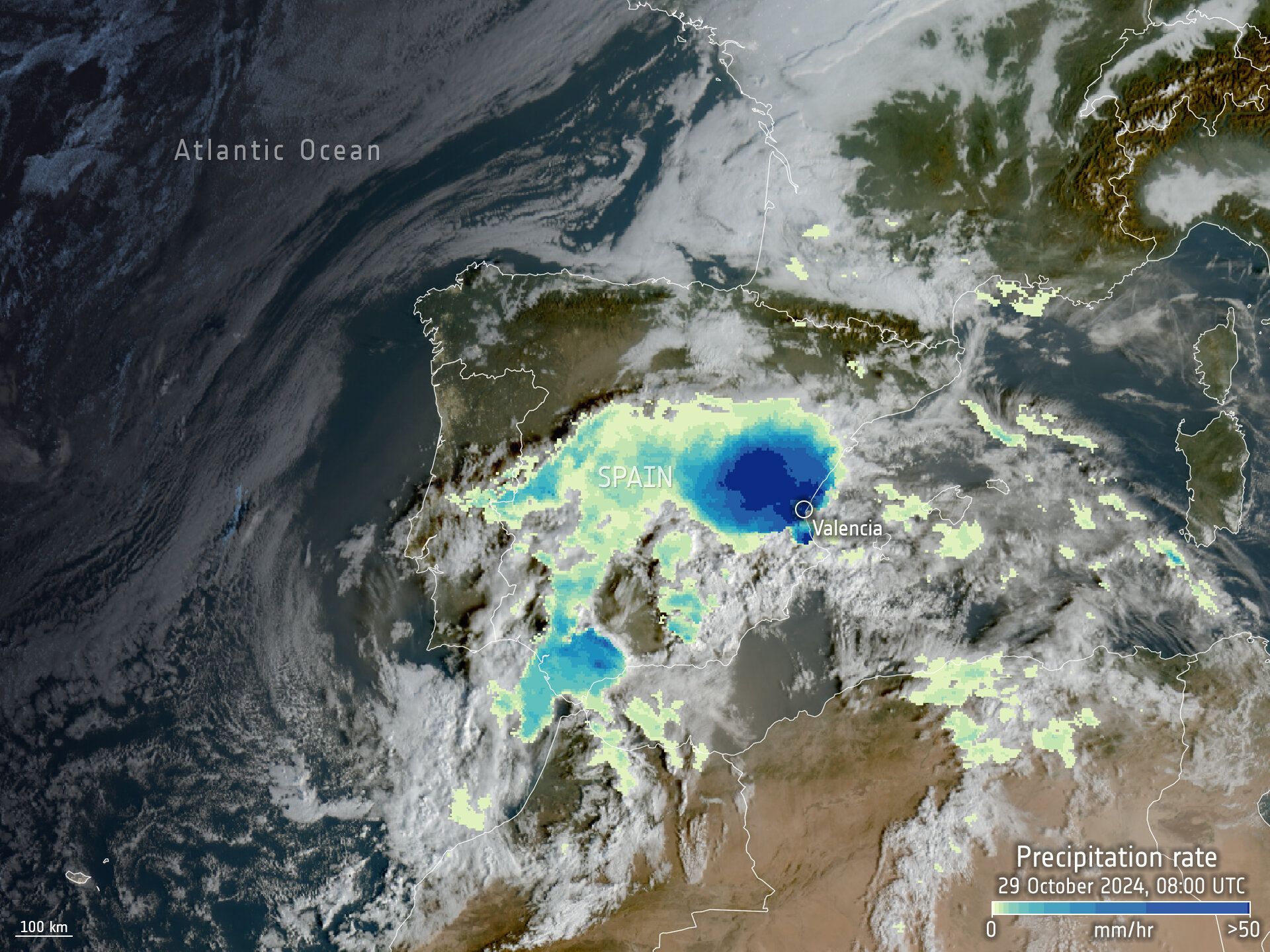 Precipitation rate map over Spain © EUMETSAT 2024