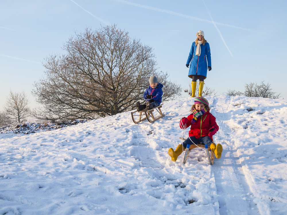 Children sledging on a snowy hill