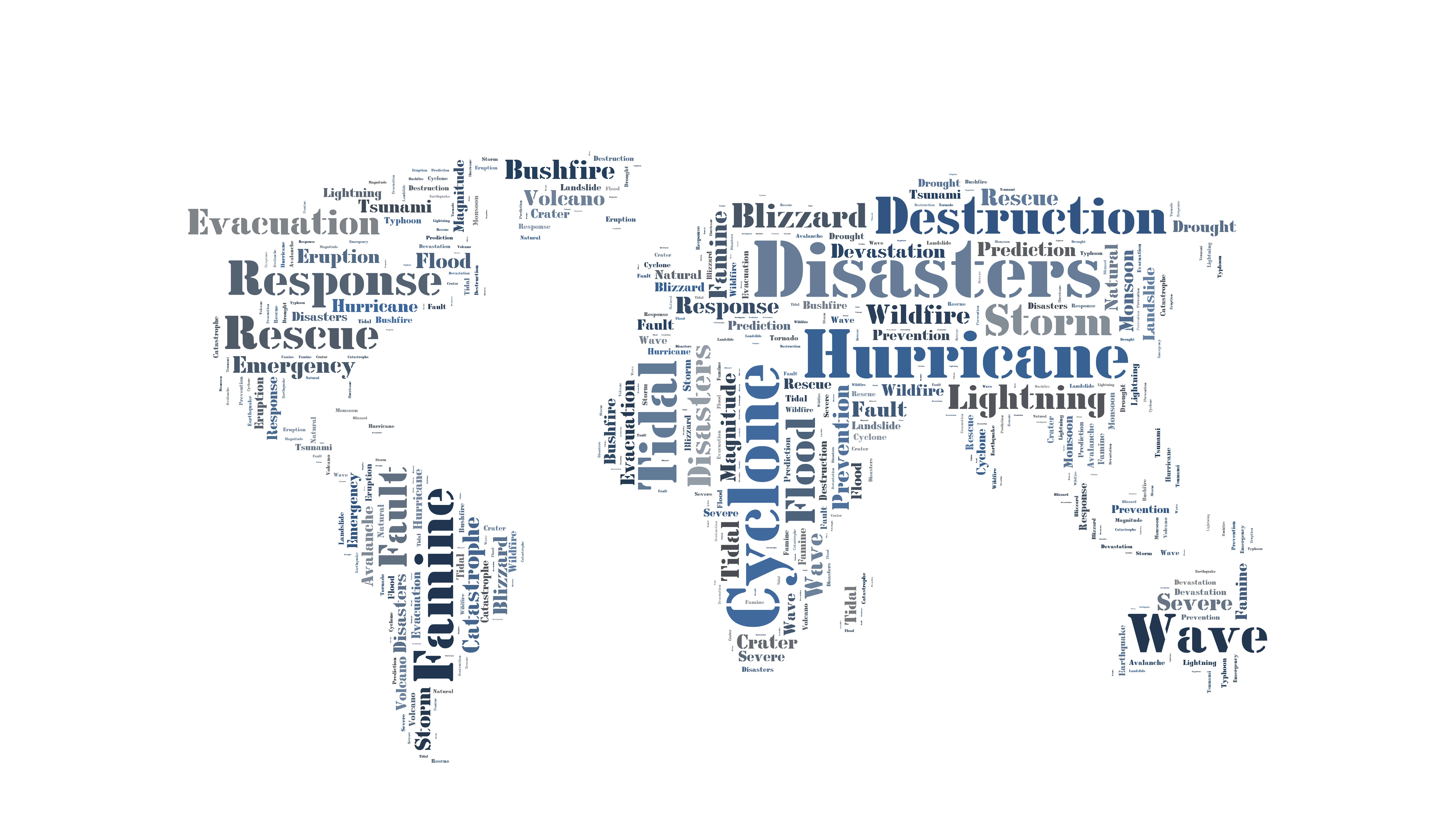 Natural disasters word cloud in the shape of the Earth