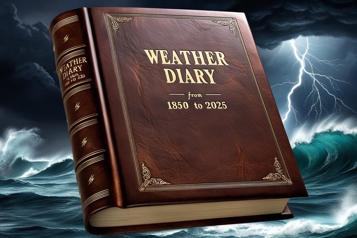 A book with the title Weather Diary from 1850 to 2025 on the cover. Background of stormy weather.