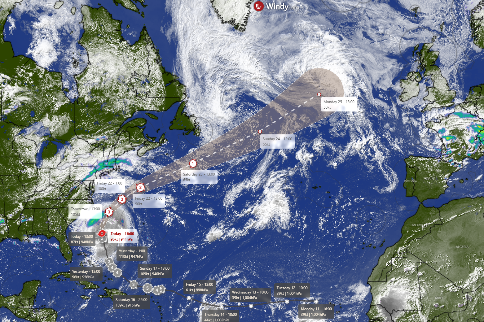 Track for Hurricane Erin across the Atlantic © windy.com Track for Hurricane Erin across the Atlantic © windy.com