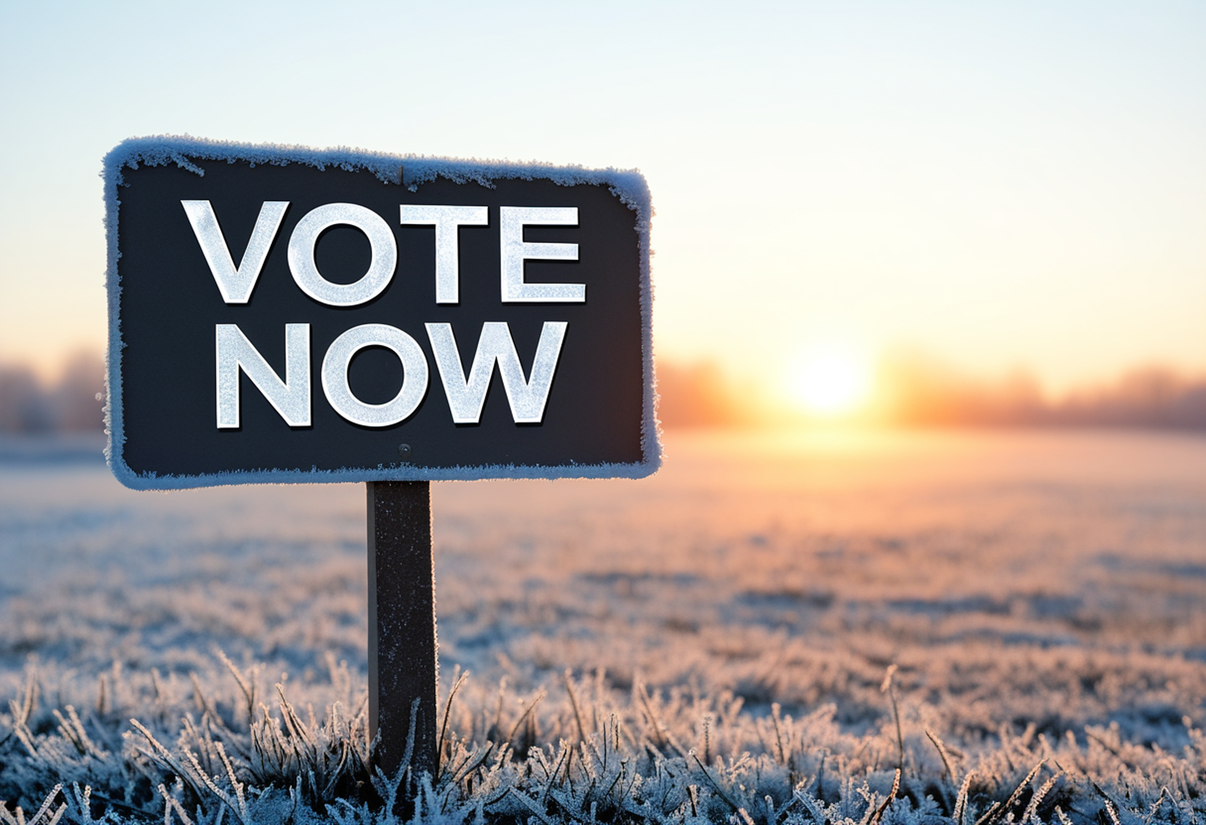 sign saying vote now in a frosty field (created with AI) sign saying vote now in a frosty field (created with AI)