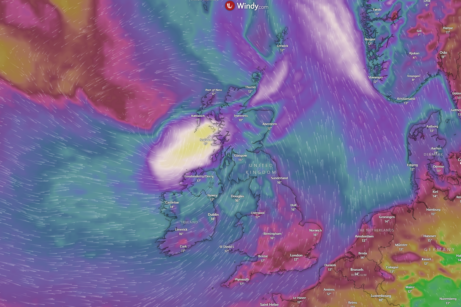 Visual representation of Storm Amy's winds from windy.com Visual representation of Storm Amy's winds from windy.com