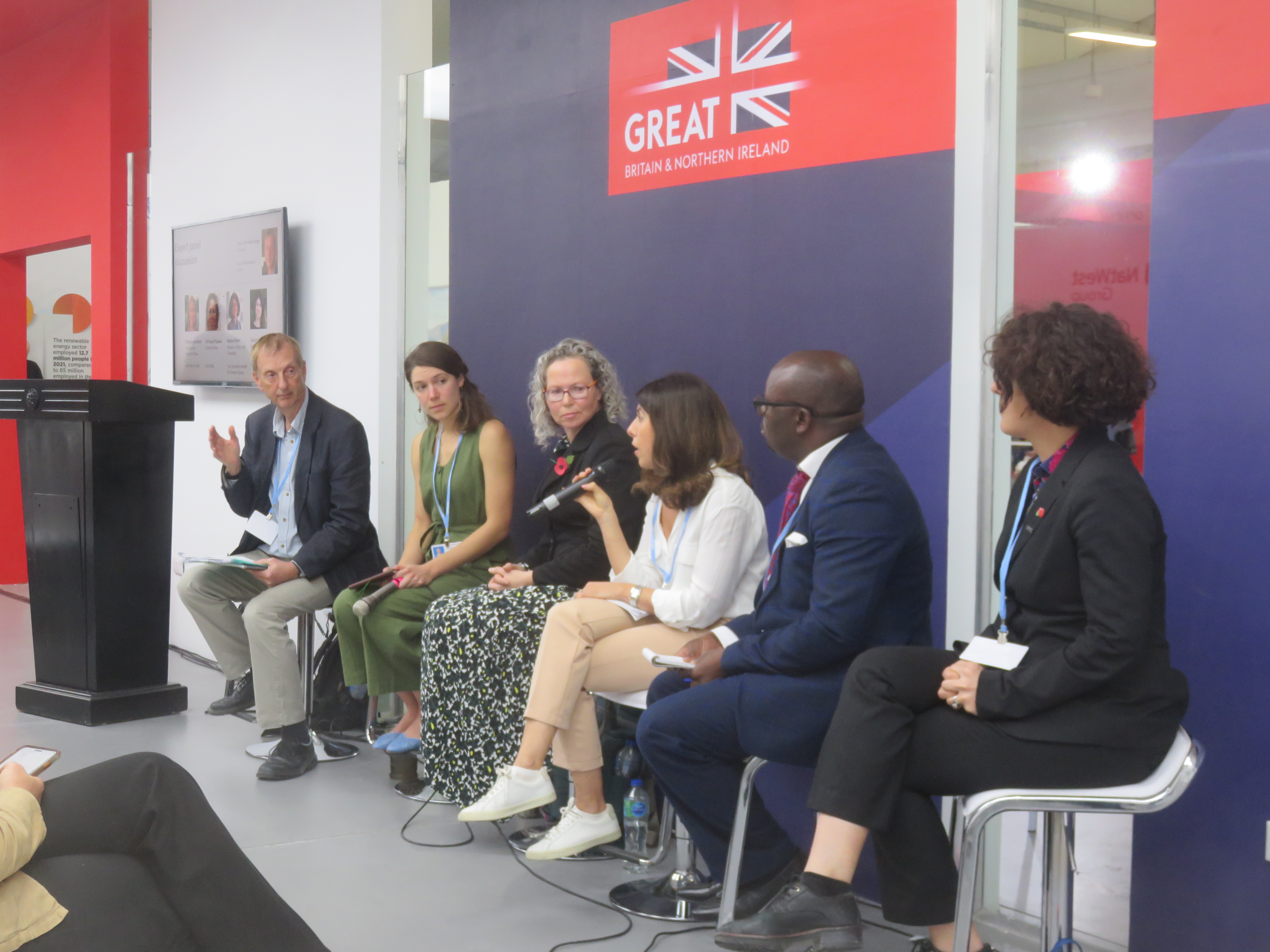 Dave Griggs chairing a co-benefits panel in the UK Pavilion