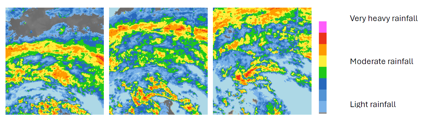 Rainfall patterns over the south coast of England as observed by rainfall radar at 1200, 1300 and 1400 on 18  October 2023