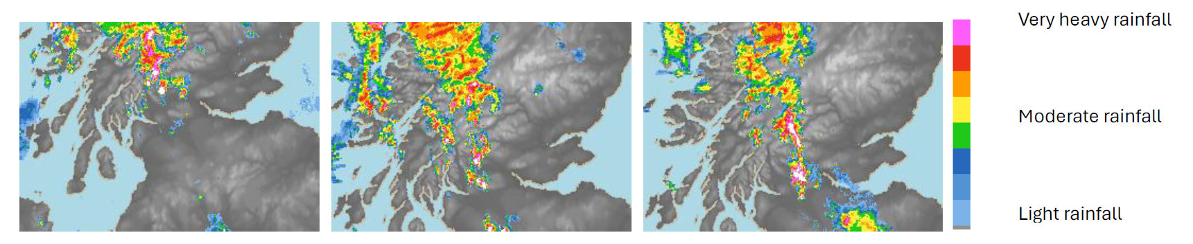 Rainfall patterns observed by rainfall radar over central Scotland on 6 May 2024