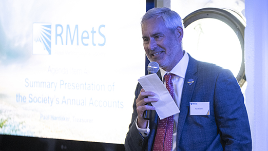 RMetS Treasurer, Paul Hardaker, presents at the RMetS 2024 AGM