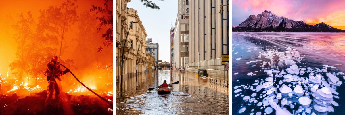 3 images side by side, a forest fire, city flood and methane bubbles