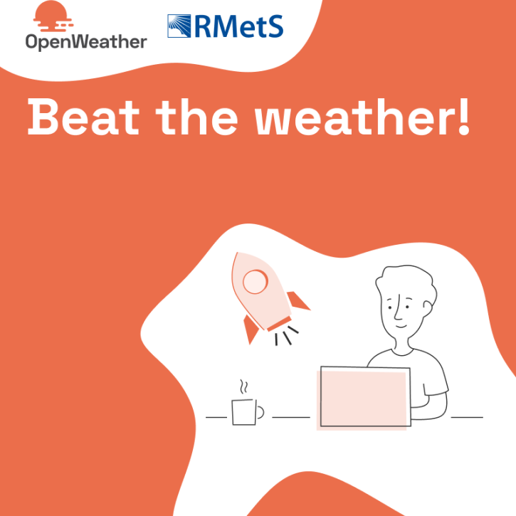 Advert for the OpenWeather challenge, showing person at a computer wiht orange background
