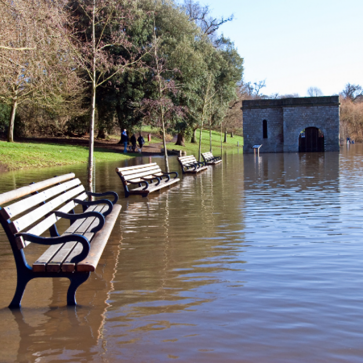 UK inland flooding along a river